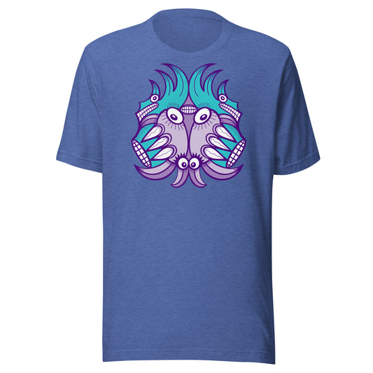 Planet 5: Aquatic Creatures from the Doodles of the Galaxy - Unisex t-shirt. Heather true royal color. Front view