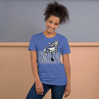 Creative barcode in waving zebra mode Unisex t-shirt. Woman wearing a Heather true royal color. Front view