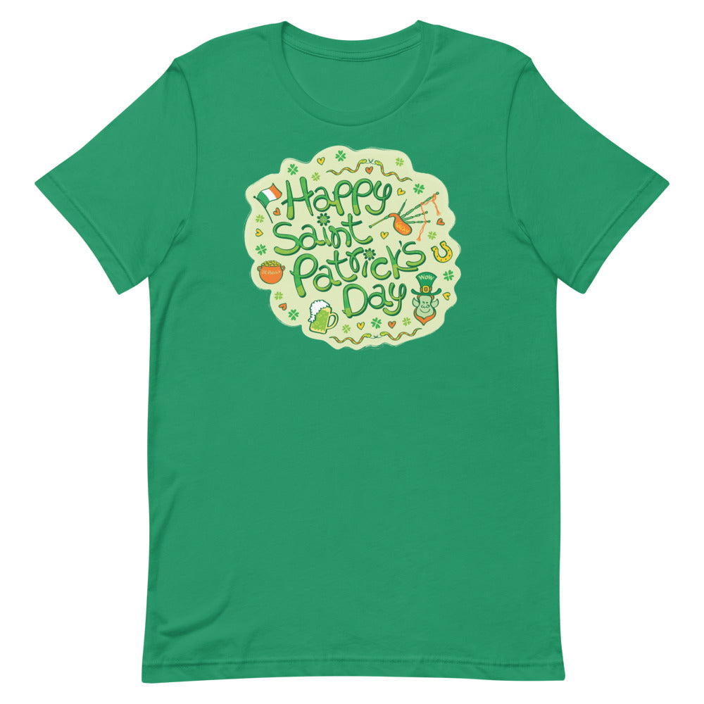 Live a happy Saint Patrick's Day Short-sleeve unisex t-shirt. Kelly green. Front view
