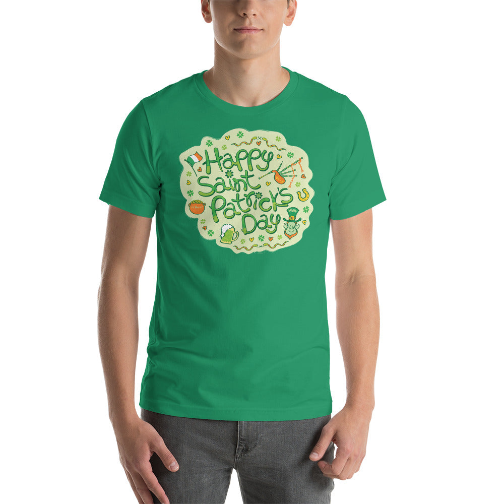 Young man wearing Short-sleeve unisex t-shirt printed with Live a happy Saint Patrick's Day. Kelly green. Front view