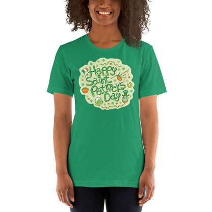 Beautiful woman wearing Short-sleeve unisex t-shirt printed with Live a happy Saint Patrick's Day. Kelly green. Front view