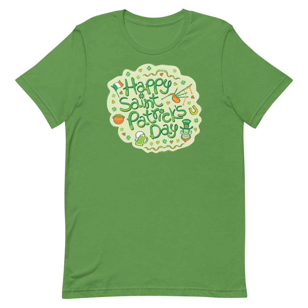 Live a happy Saint Patrick's Day Short-sleeve unisex t-shirt. Leaf green. Front view