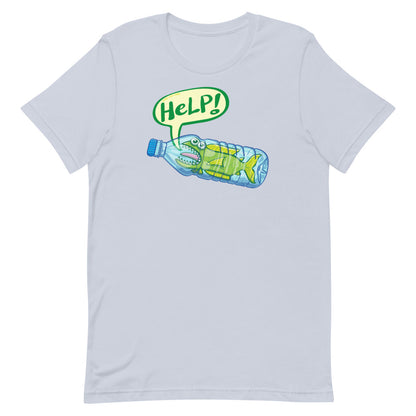 Fish in trouble asking for help while trapped in a plastic bottle Unisex t-shirt. Light blue color. Front view
