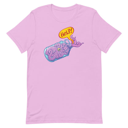 Octopus in trouble asking for help while trapped in a plastic bottle Unisex t-shirt. Lilac. Front view