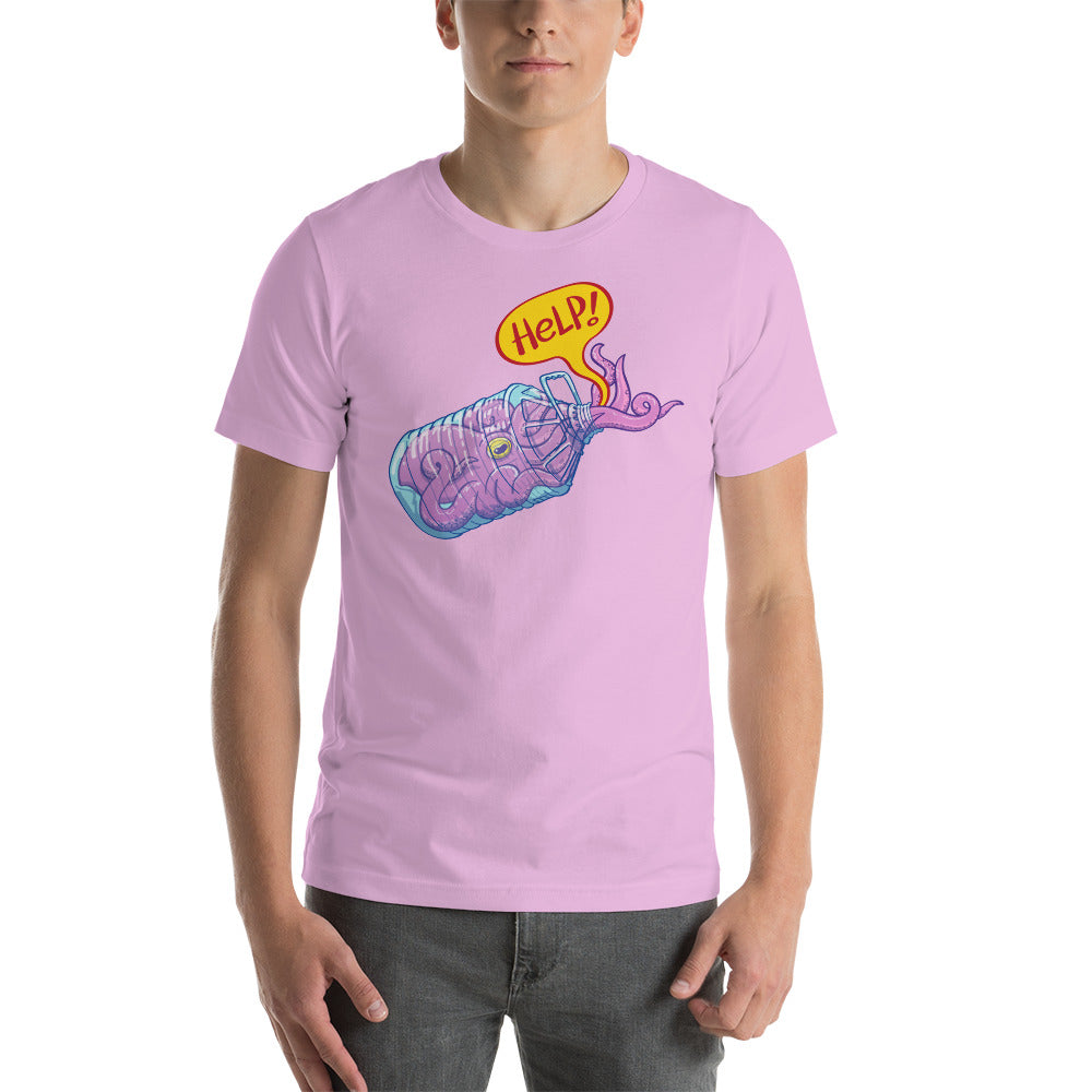 Young man wearing Unisex t-shirt printed with Octopus in trouble asking for help while trapped in a plastic bottle. Lilac. Front view