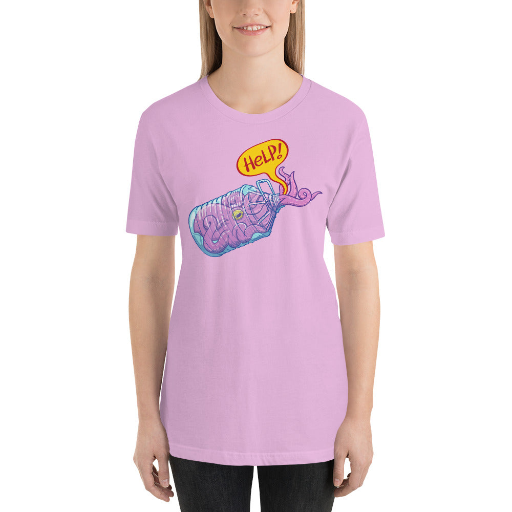 Beautiful woman wearing Unisex t-shirt printed with Octopus in trouble asking for help while trapped in a plastic bottle. Lilac. Front view