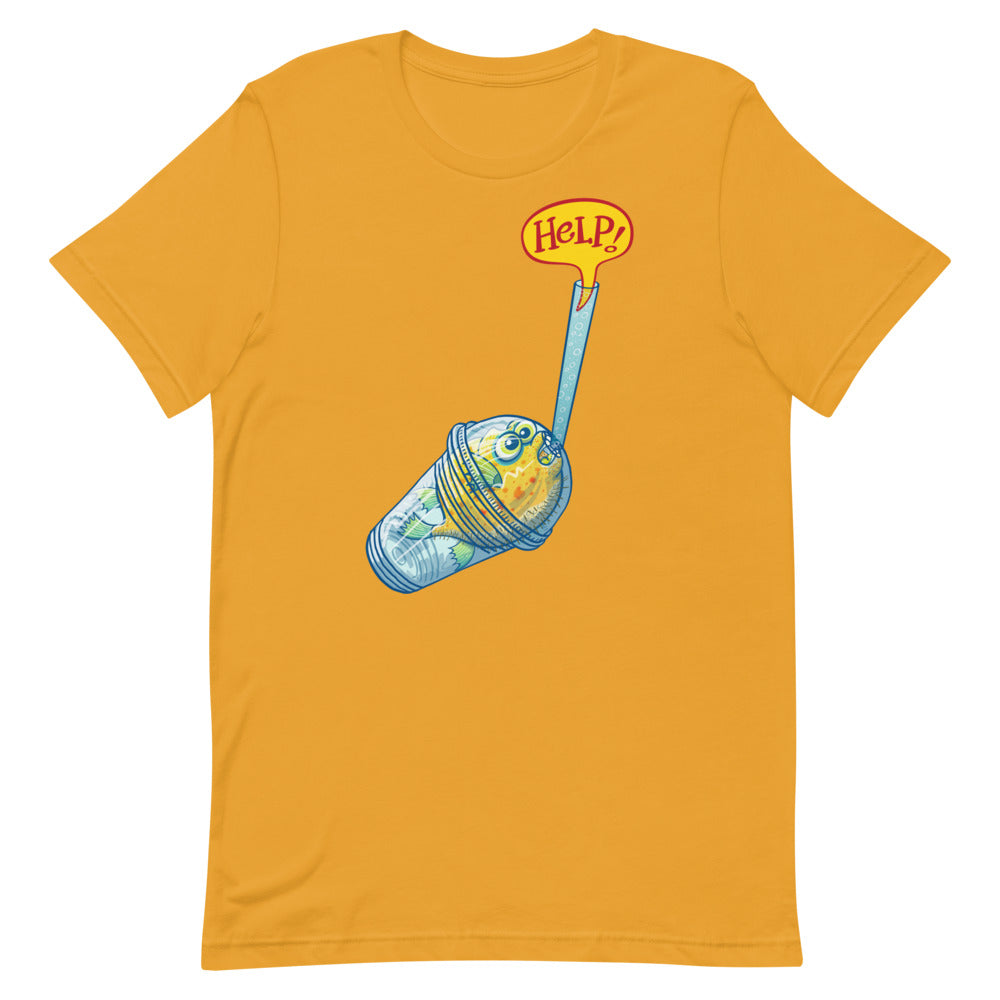 Puffer fish in trouble asking for help while trapped in a plastic glass Unisex t-shirt. Mustard. Front view