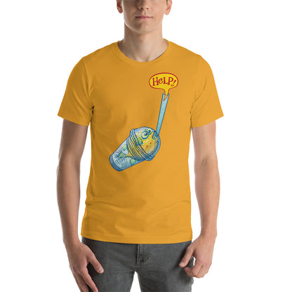 Young man wearing Unisex t-shirt printed with Puffer fish in trouble asking for help while trapped in a plastic glass. Mustard. Front view