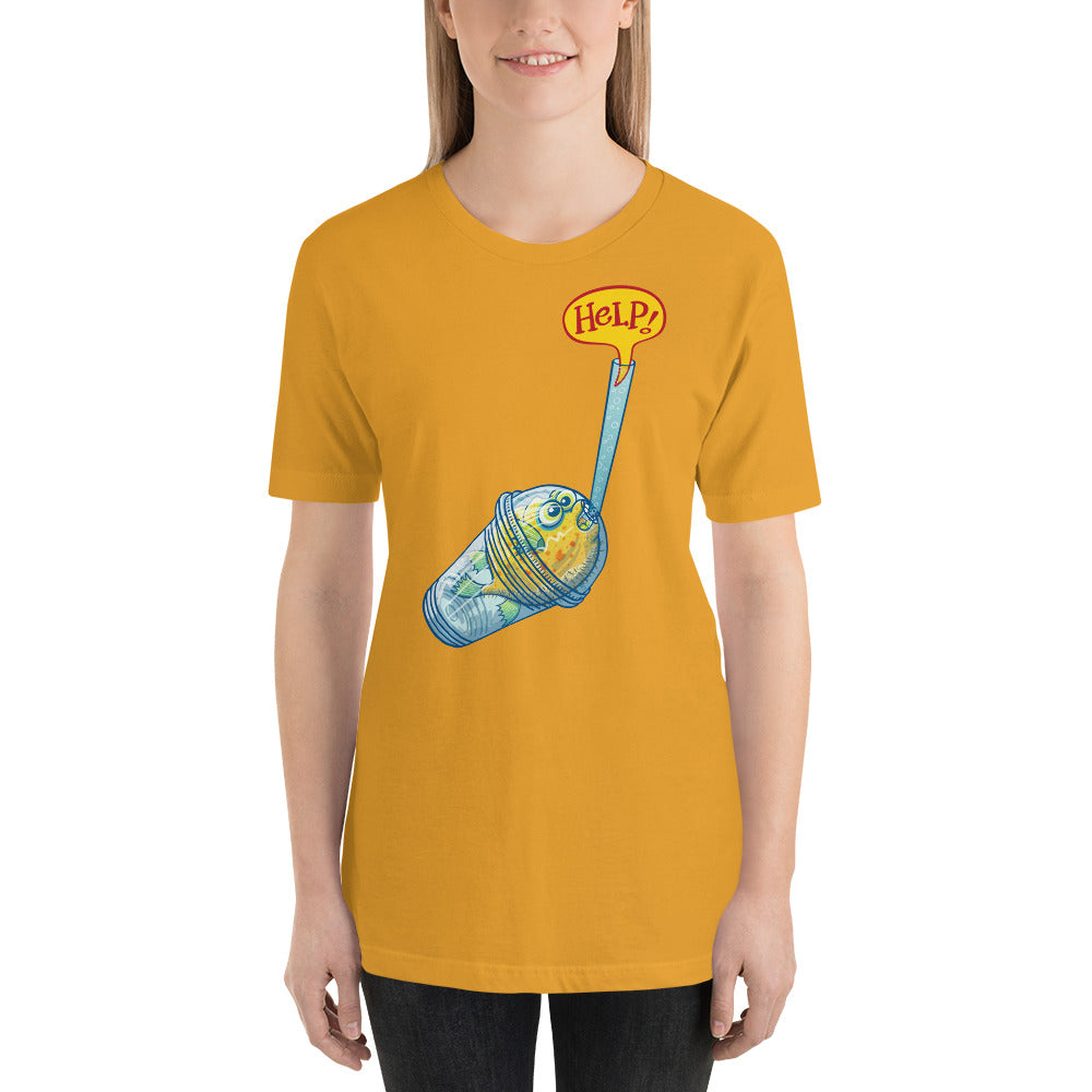 Beautiful woman wearing Unisex t-shirt printed with Puffer fish in trouble asking for help while trapped in a plastic glass. Mustard. Front view