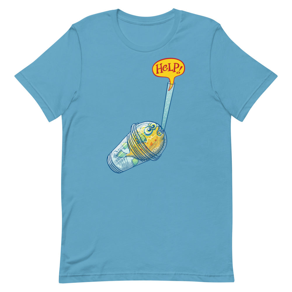 Puffer fish in trouble asking for help while trapped in a plastic glass Unisex t-shirt. Ocean blue. Front view