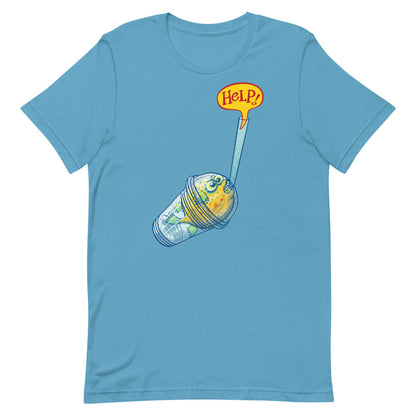 Puffer fish in trouble asking for help while trapped in a plastic glass Unisex t-shirt. Ocean blue. Front view
