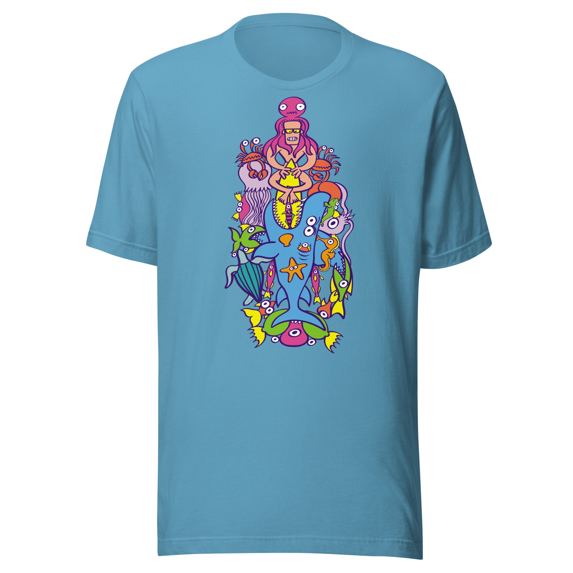 Surfing is a true extreme sport Unisex t-shirt. Ocean blue color. Front view
