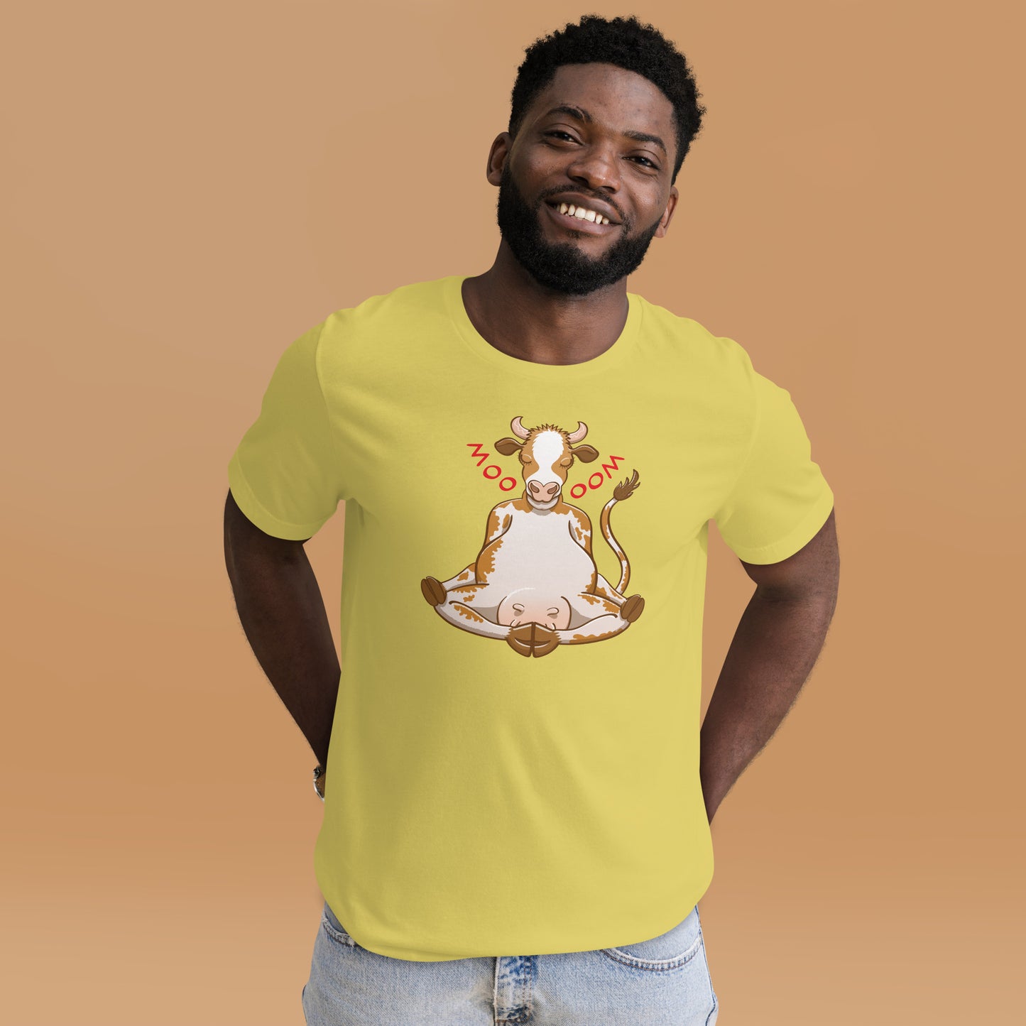 Time to meditate, follow this cow's amazing method Unisex t-shirt. Man wearing a strobe model