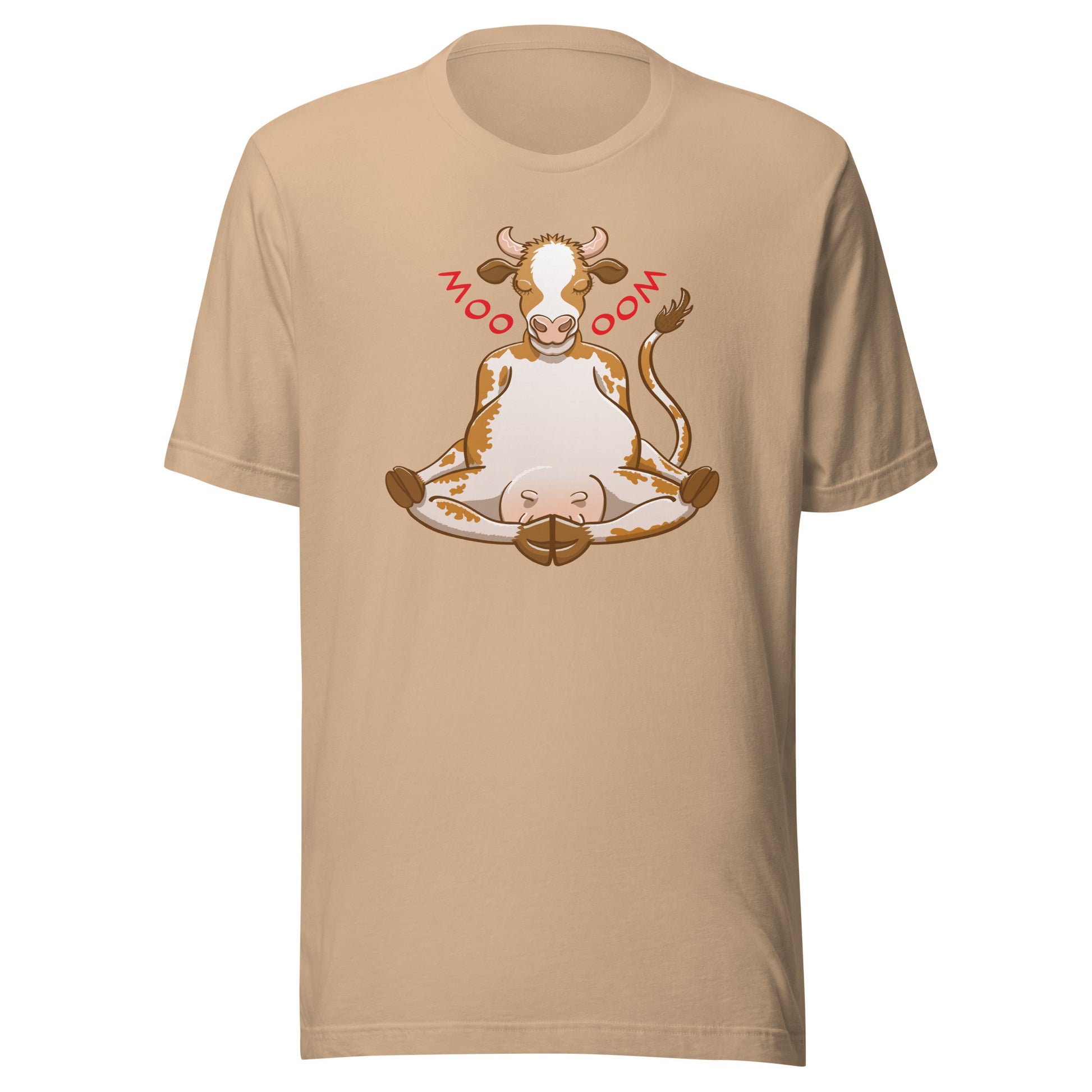 Time to meditate, follow this cow's amazing method Unisex t-shirt. Tan color. Front view