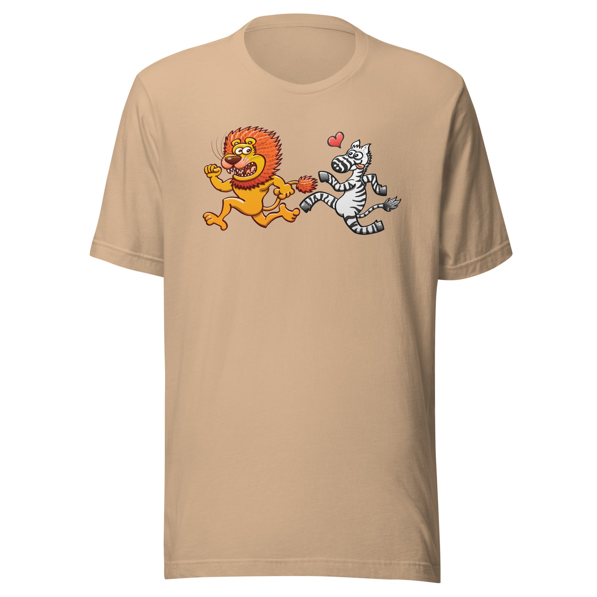 Wild zebra in love runs after a scared lion Unisex t-shirt. Tan color. Front view