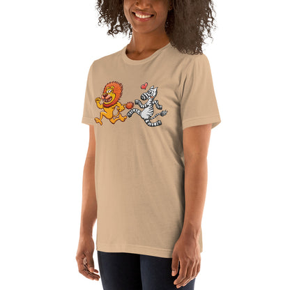 Wild zebra in love runs after a scared lion Unisex t-shirt. Woman wearing a Tan color model