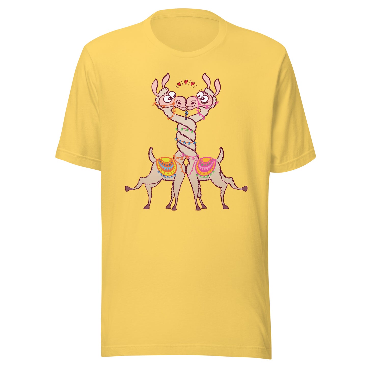 Cute llamas in love intertwining necks and kissing Unisex t-shirt. Yellow color. Front view