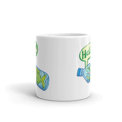Fish in trouble asking for help while trapped in a plastic bottle White glossy mug. 11 oz. Front view