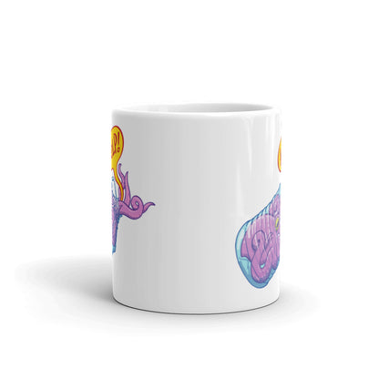 Octopus in trouble asking for help while trapped in a plastic bottle White glossy mug. 11 oz. Front view