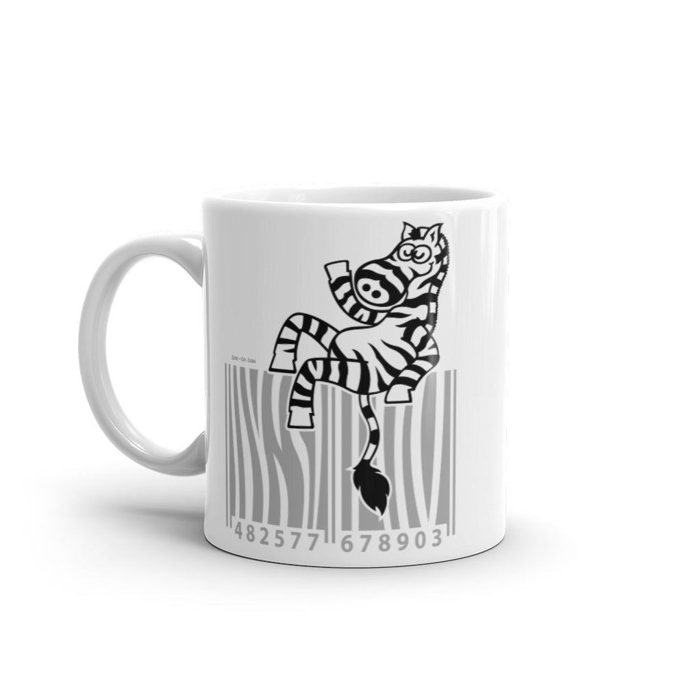Cool zebra waving while sitting on a barcode White glossy mug. 11 oz. Handle on left