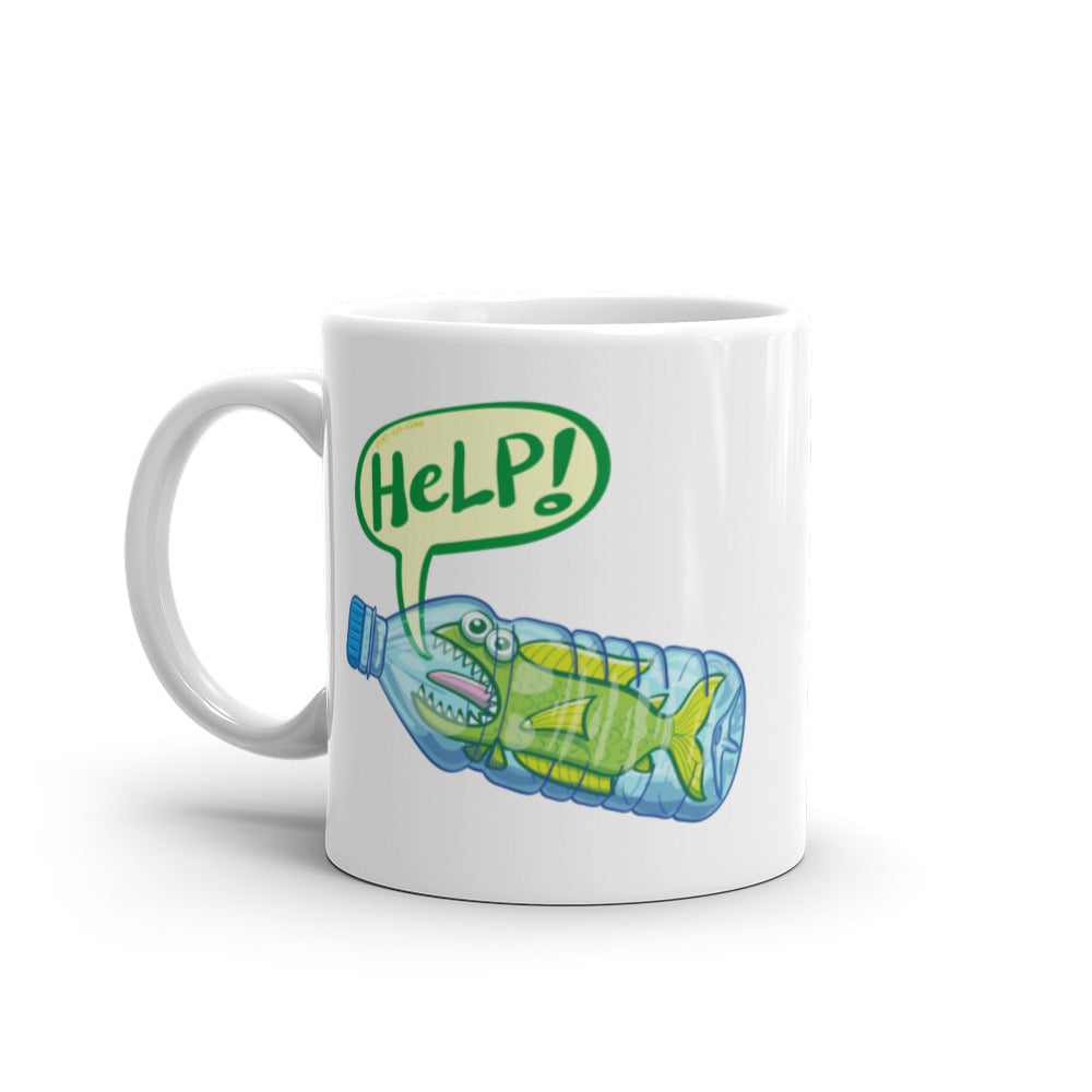Fish in trouble asking for help while trapped in a plastic bottle White glossy mug. 11 oz. Handle on left