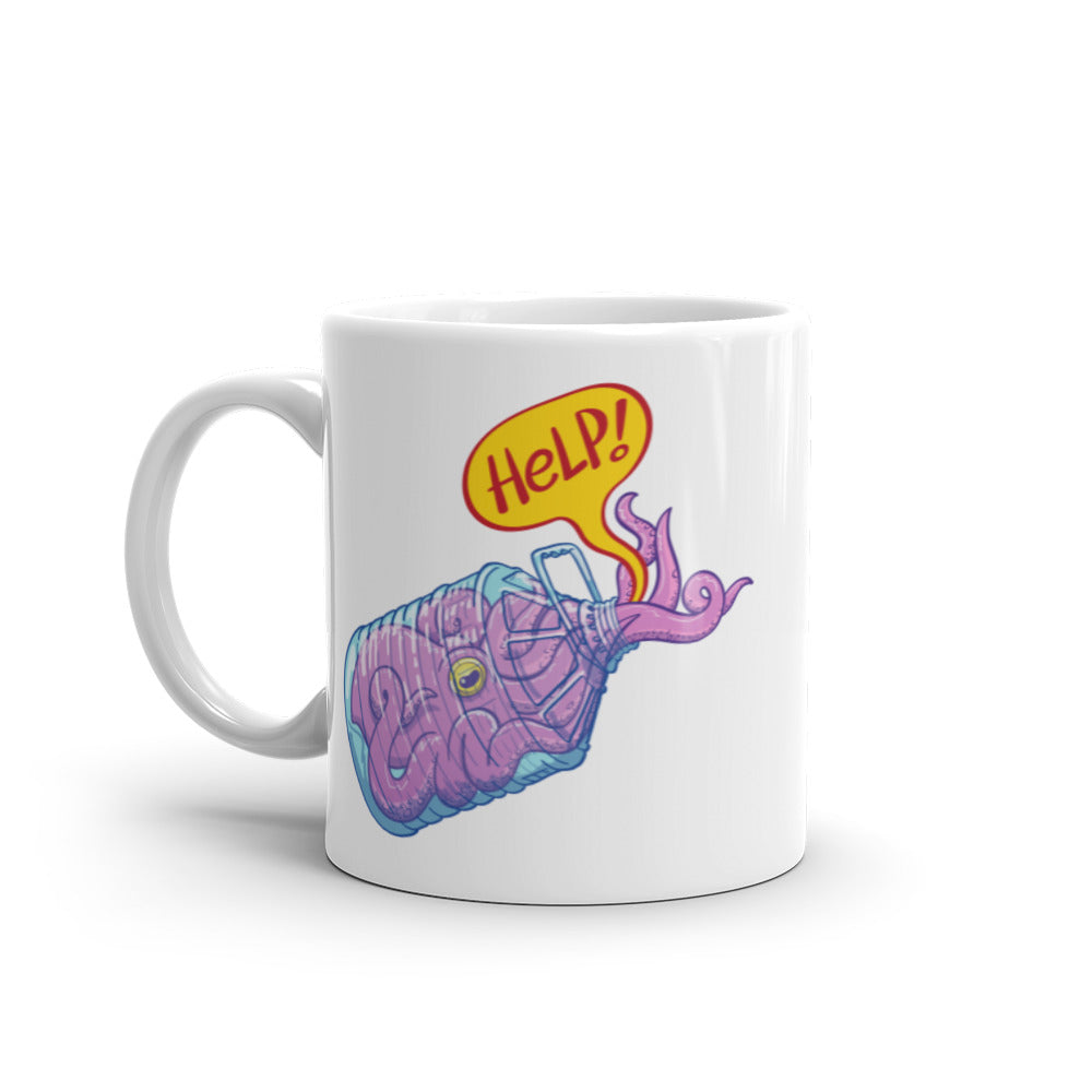 Octopus in trouble asking for help while trapped in a plastic bottle White glossy mug. 11 oz. Handle on left