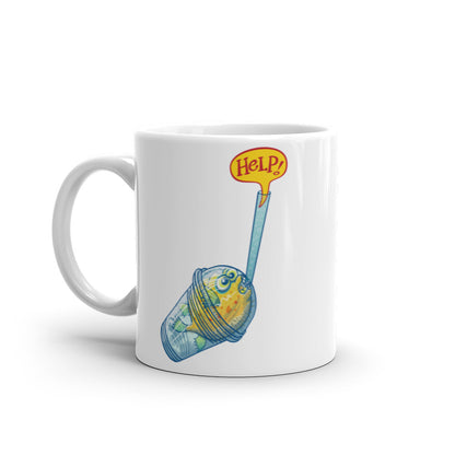 Puffer fish in trouble asking for help while trapped in a plastic glass White glossy mug. 11 oz. Handle on left