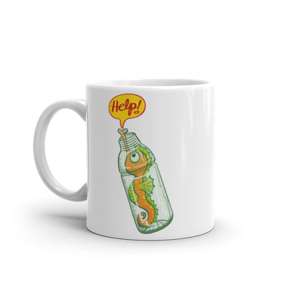 Seahorse in trouble asking for help while trapped in a plastic bottle White glossy mug. 11 oz. Handle on left