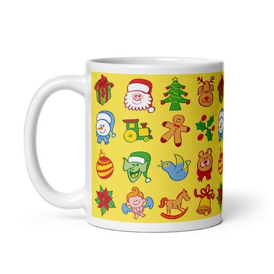 All the Christmas characters in a pattern design White glossy mug. 11 oz. Handle on left