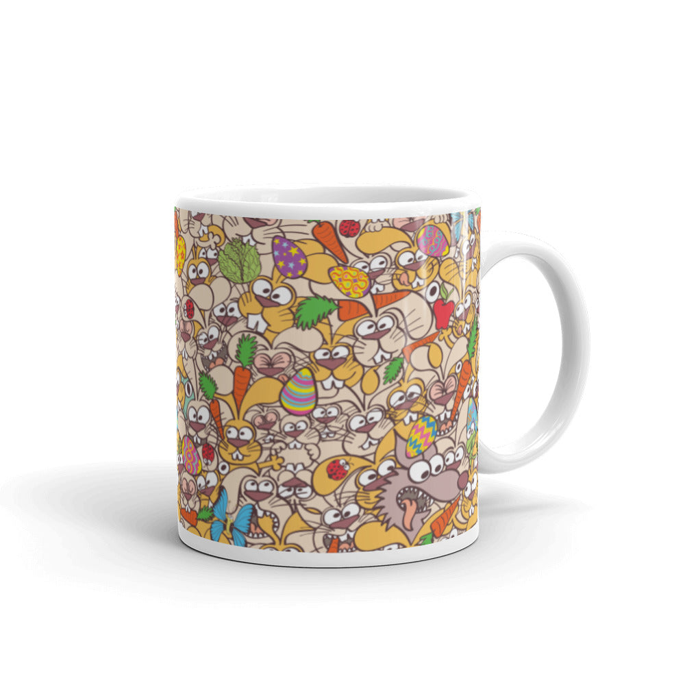 Thousands of crazy bunnies celebrating Easter White glossy mug. 11 oz. Handle on right