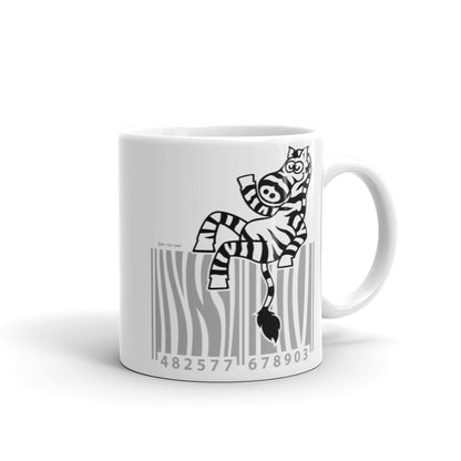 Cool zebra waving while sitting on a barcode White glossy mug. 11 oz. Handle on right