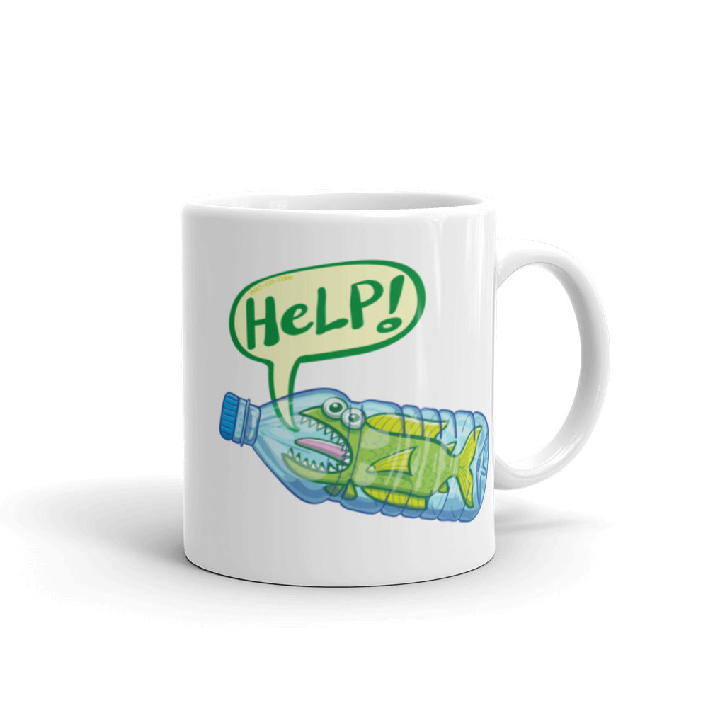 Fish in trouble asking for help while trapped in a plastic bottle White glossy mug. 11 oz. Handle on right