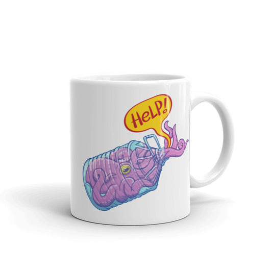 Octopus in trouble asking for help while trapped in a plastic bottle White glossy mug. 11 oz. Handle on right