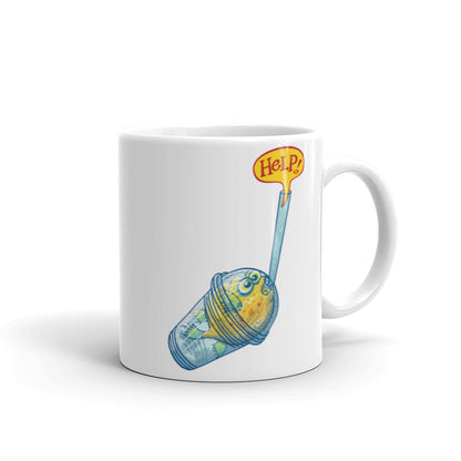 Puffer fish in trouble asking for help while trapped in a plastic glass White glossy mug. 11 oz. Handle on right