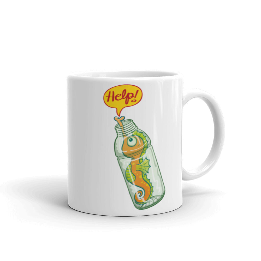 Seahorse in trouble asking for help while trapped in a plastic bottle White glossy mug. 11 oz. Handle on right