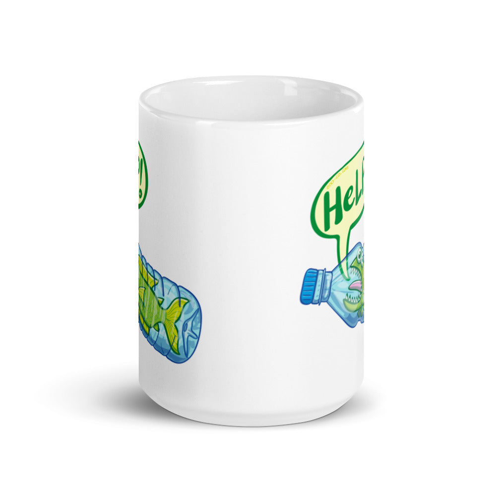 Fish in trouble asking for help while trapped in a plastic bottle White glossy mug. 15 oz. Front view
