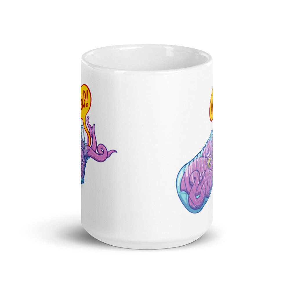 Octopus in trouble asking for help while trapped in a plastic bottle White glossy mug. 15 oz. Front view
