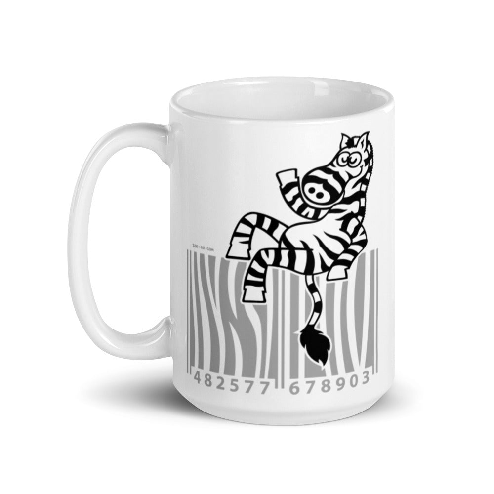 Cool zebra waving while sitting on a barcode White glossy mug. 15 oz. Handle on left