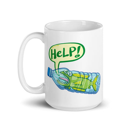 Fish in trouble asking for help while trapped in a plastic bottle White glossy mug. 15 oz. Handle on left