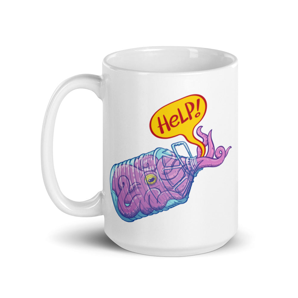 Octopus in trouble asking for help while trapped in a plastic bottle White glossy mug. 15 oz. Handle on left