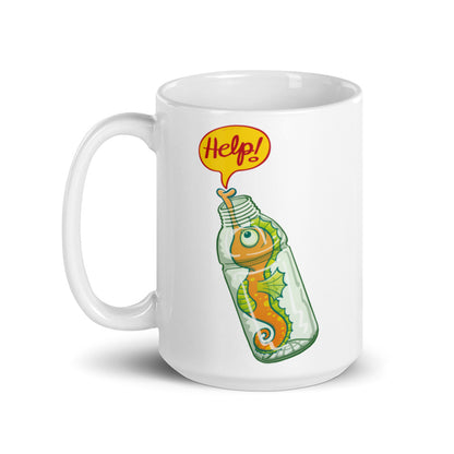 Seahorse in trouble asking for help while trapped in a plastic bottle White glossy mug. 15 oz. Handle on left