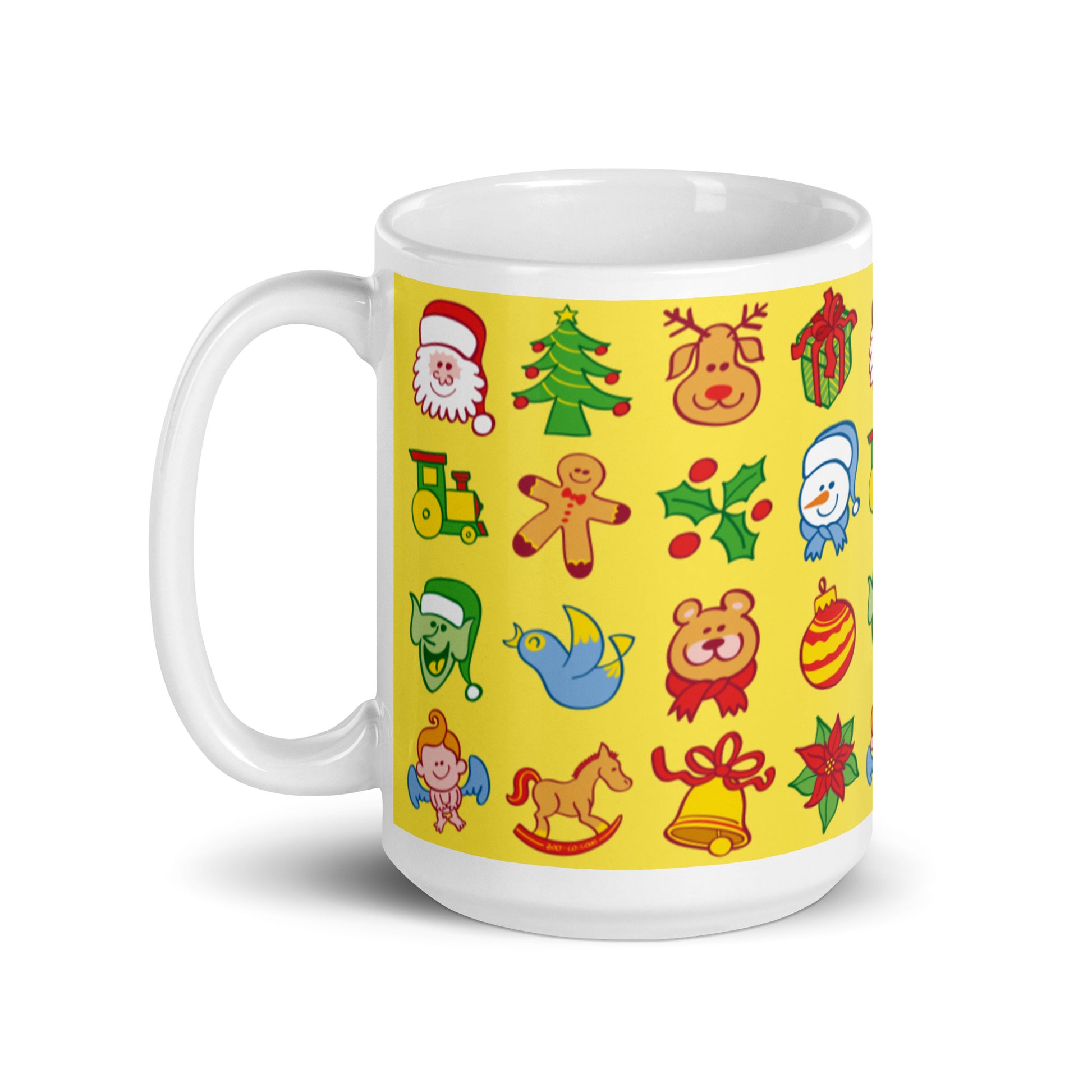 All the Christmas characters in a pattern design White glossy mug. 15 oz. Handle on left
