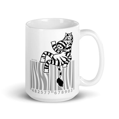 Cool zebra waving while sitting on a barcode White glossy mug. 15 oz. Handle on right
