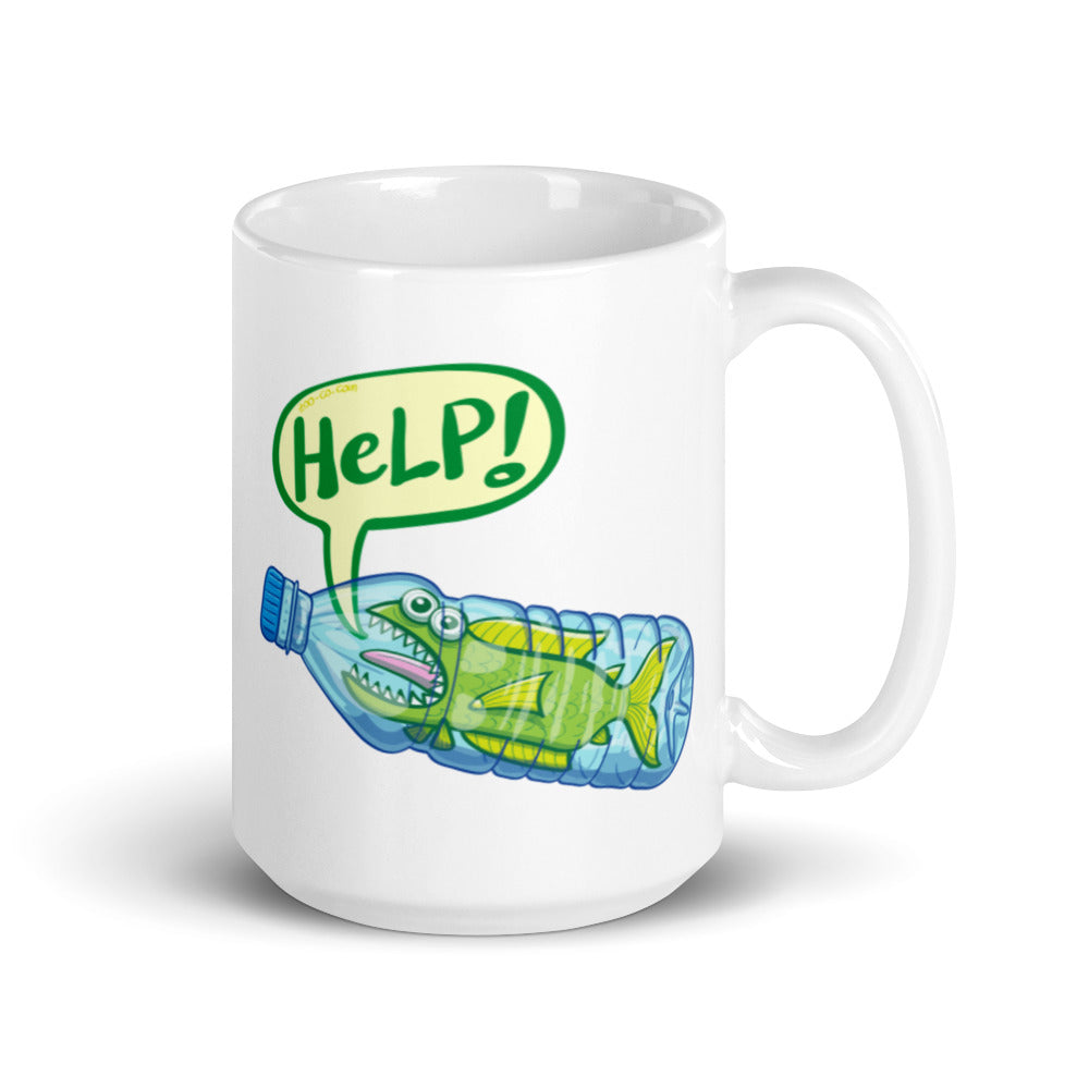 Fish in trouble asking for help while trapped in a plastic bottle White glossy mug. 15 oz. Handle on right