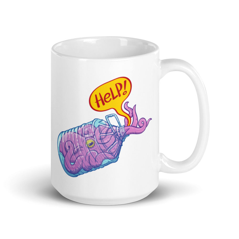 Octopus in trouble asking for help while trapped in a plastic bottle White glossy mug. 15 oz. Handle on right