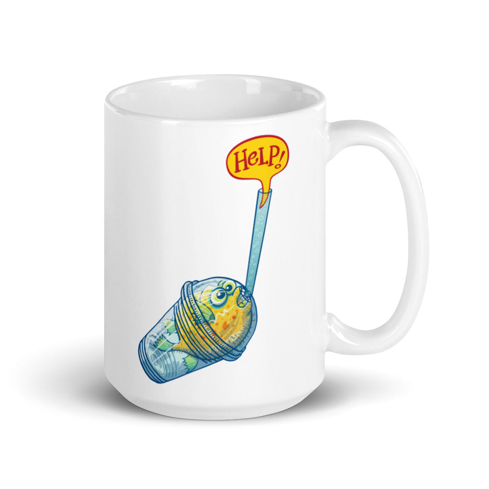 Puffer fish in trouble asking for help while trapped in a plastic glass White glossy mug. 15 oz. Handle on right