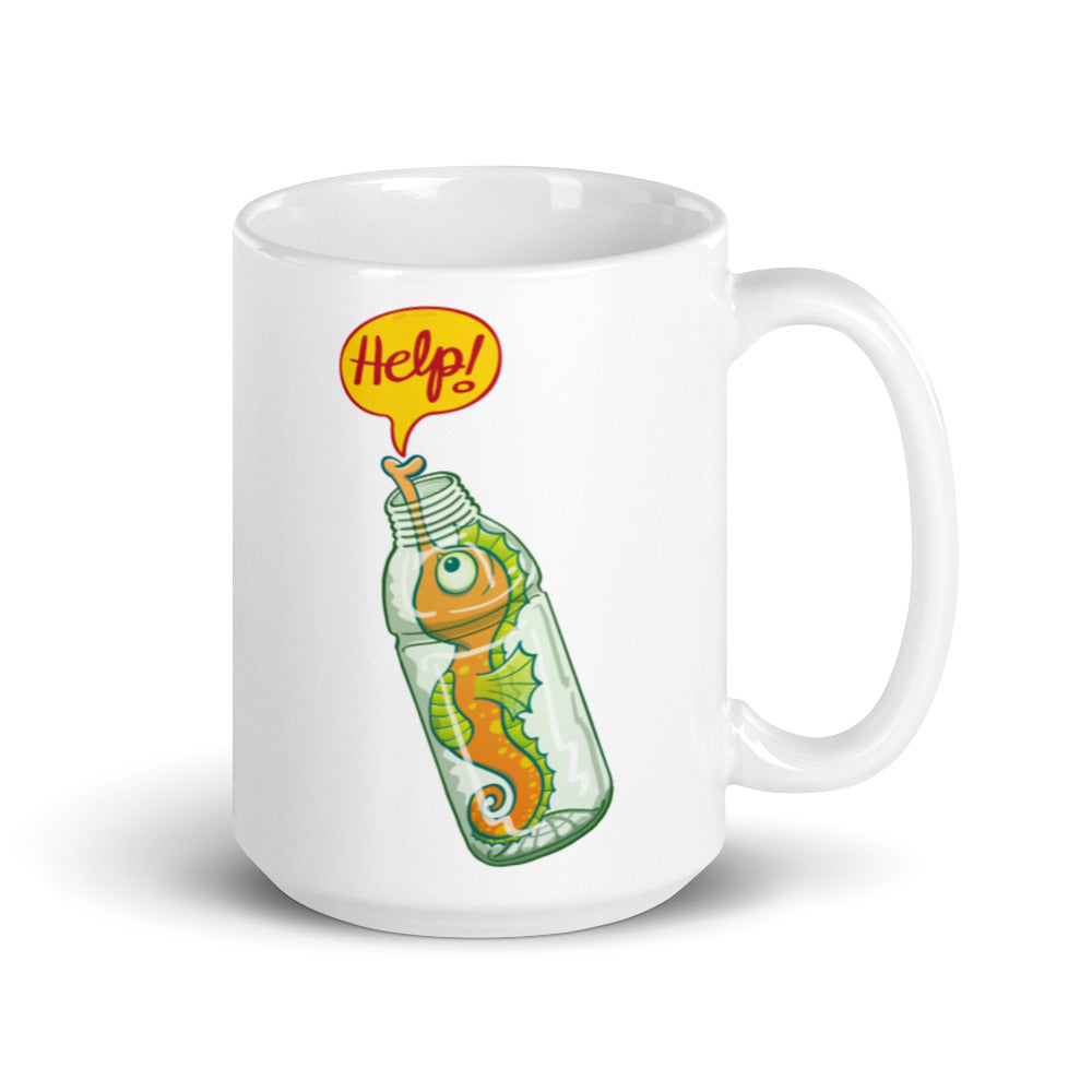 Seahorse in trouble asking for help while trapped in a plastic bottle White glossy mug. 15 oz. Handle on right