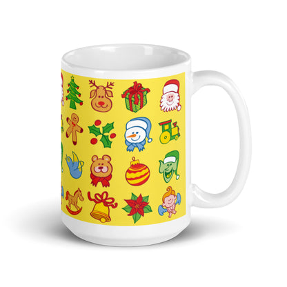 All the Christmas characters in a pattern design White glossy mug. 15 oz. Handle on right