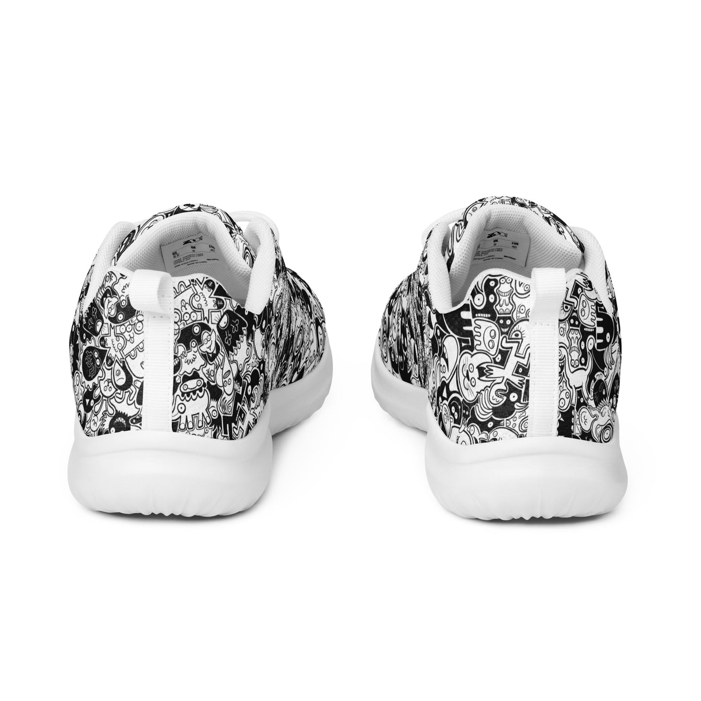 Joyful crowd of black and white doodle creatures Women’s athletic shoes. Back view
