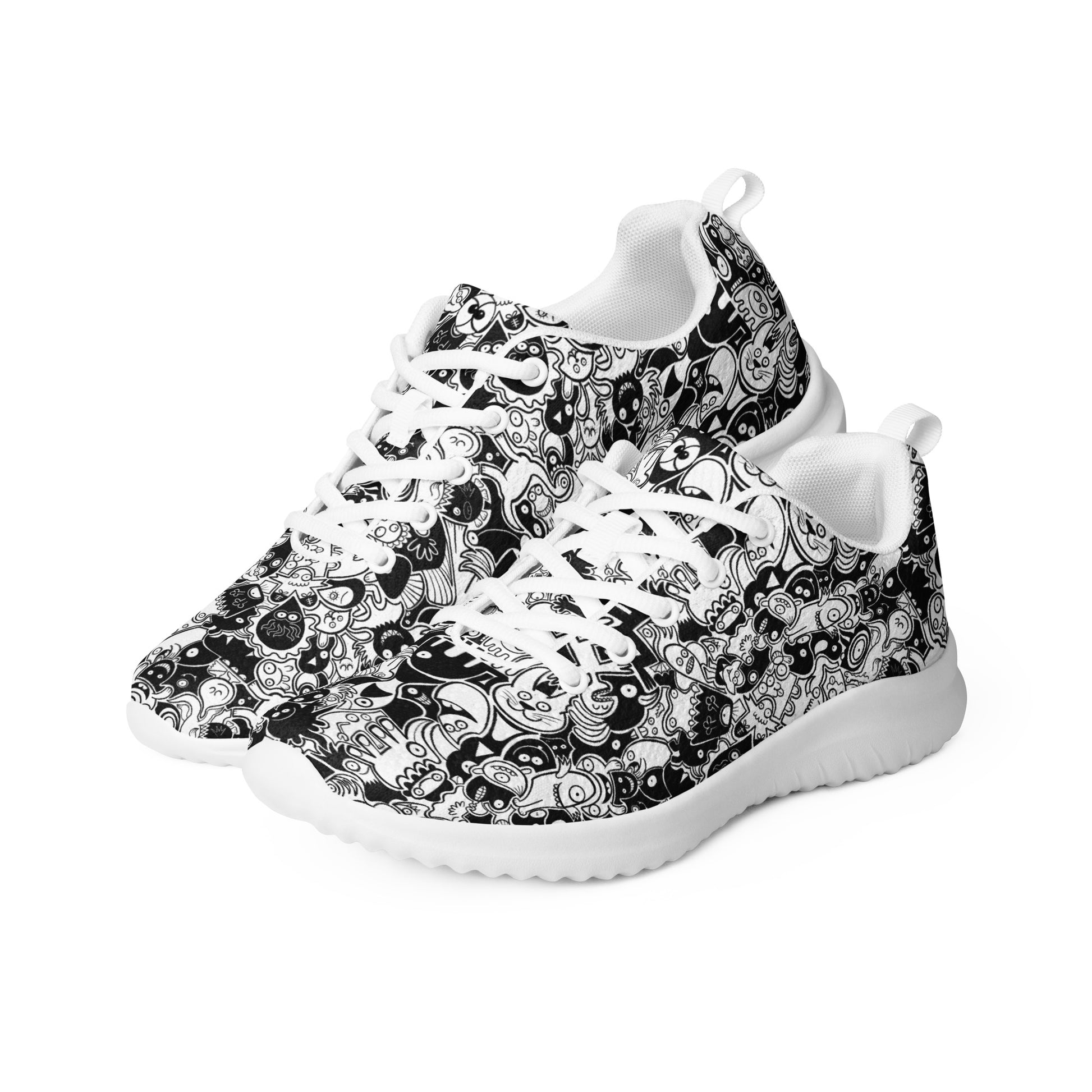 Joyful crowd of black and white doodle creatures Women’s athletic shoes. Overview